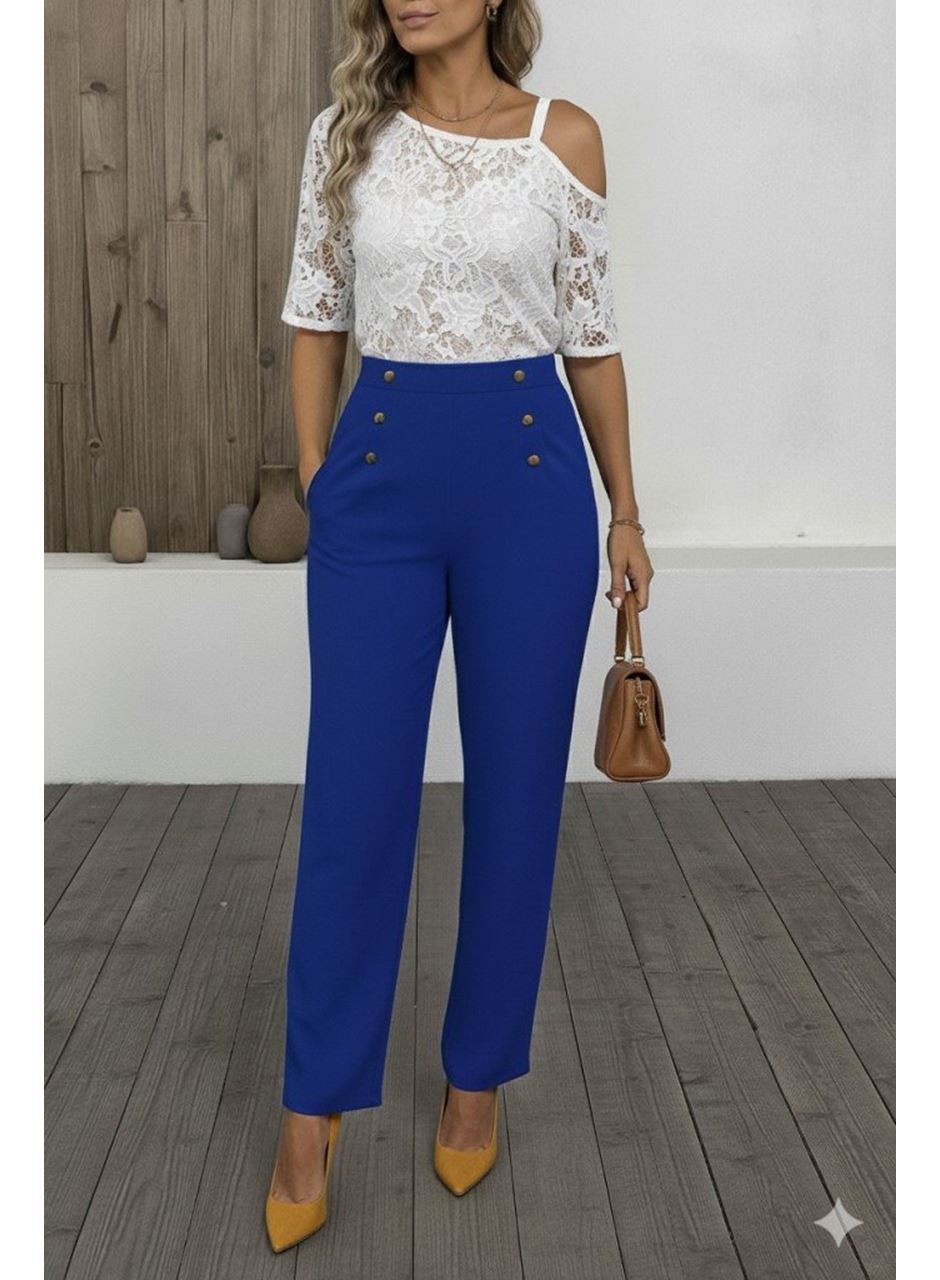 Kadın Düğme Detay Bol Paça Ithal Krep Pantolon