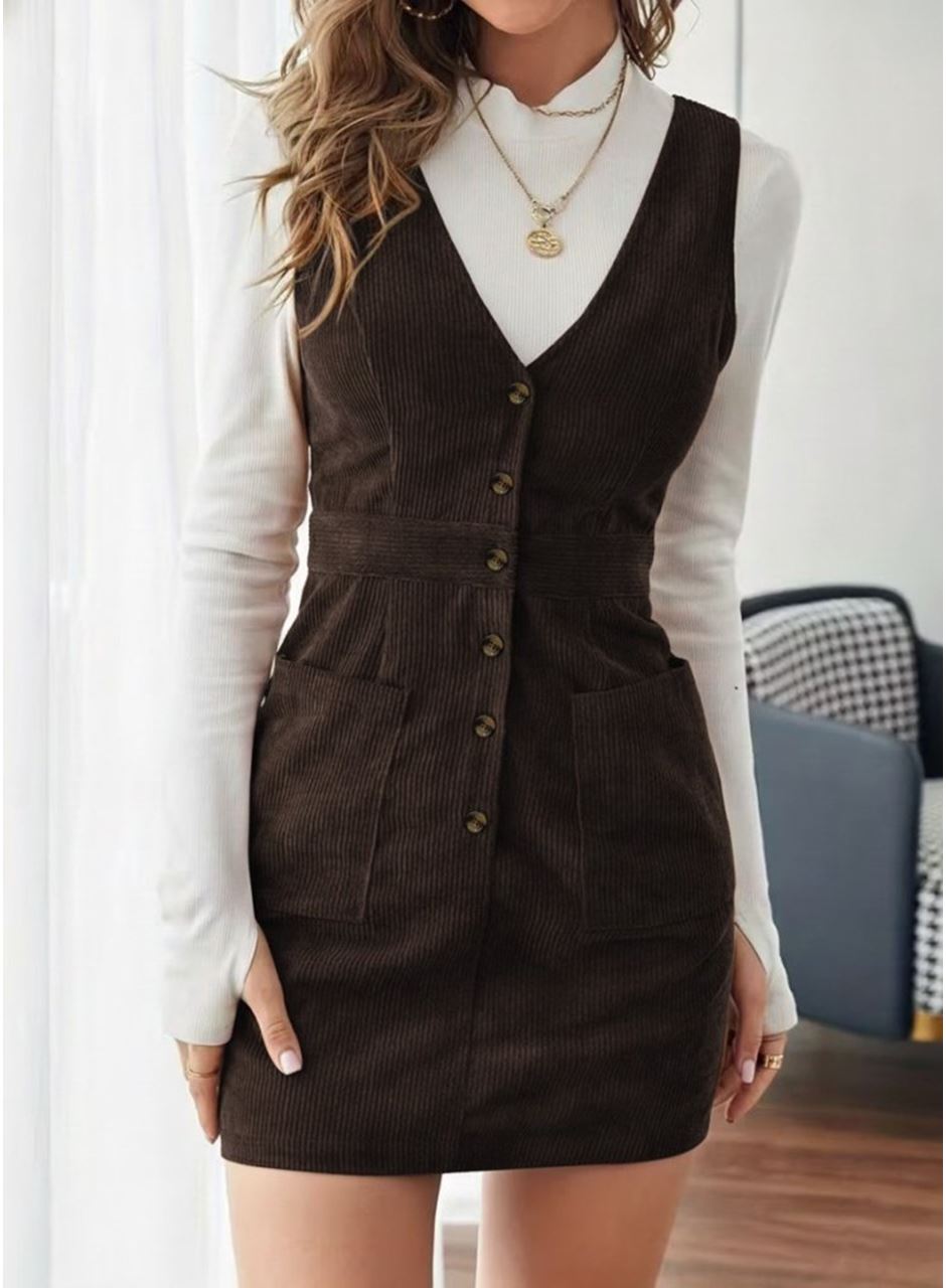 Kadın Askılı V Yakalı önden Düğmeli Mini Kalın Fitilli Kadife Elbise