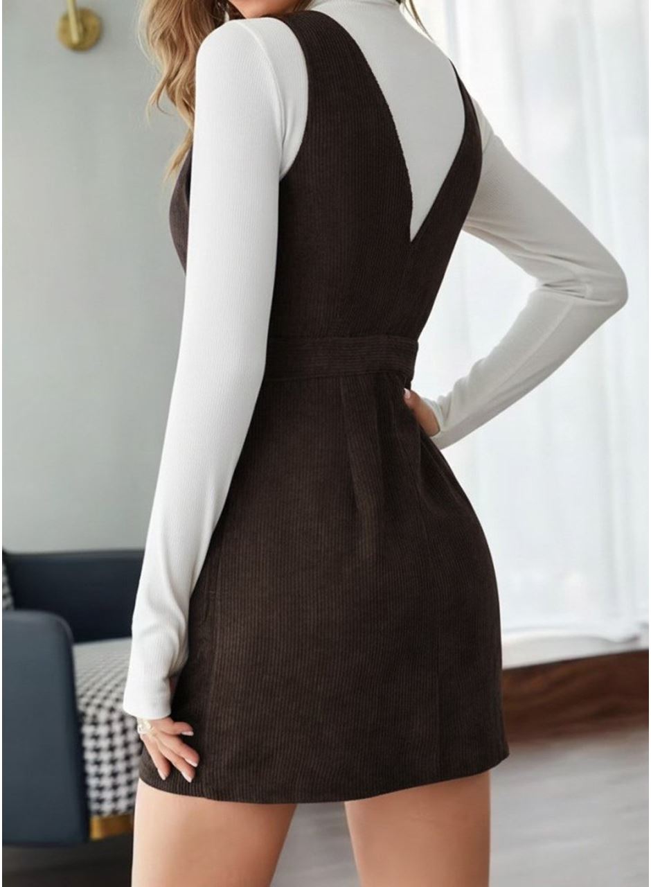 Kadın Askılı V Yakalı önden Düğmeli Mini Kalın Fitilli Kadife Elbise