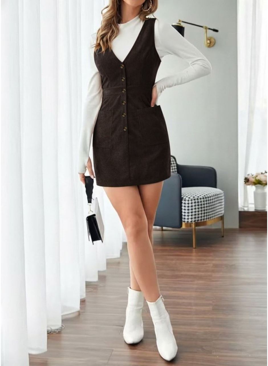 Kadın Askılı V Yakalı önden Düğmeli Mini Kalın Fitilli Kadife Elbise