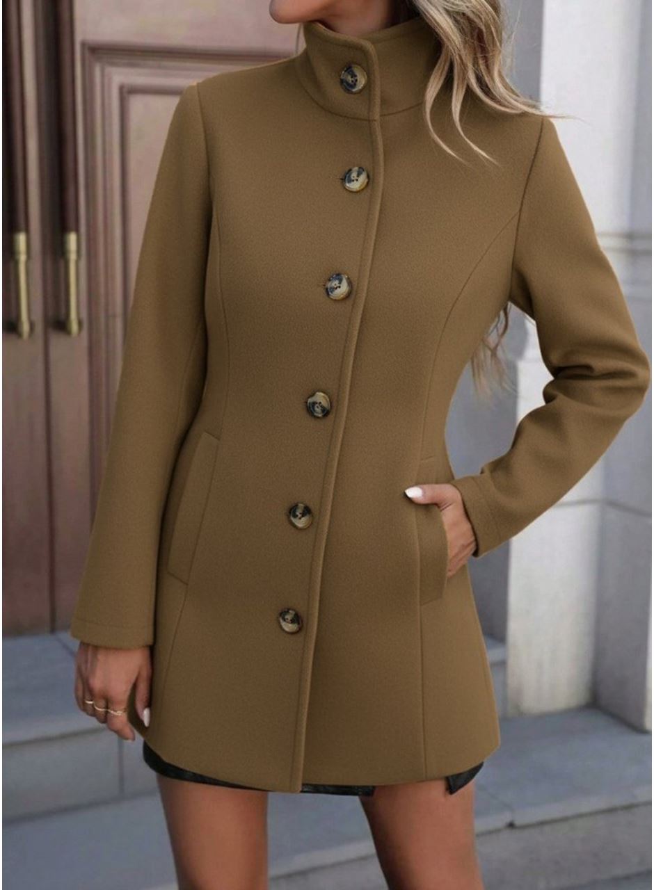 Kadın Uzun Kollu Yakalı önden Düğmeli Astarsız Ithal Kaşe Kahve Kaban