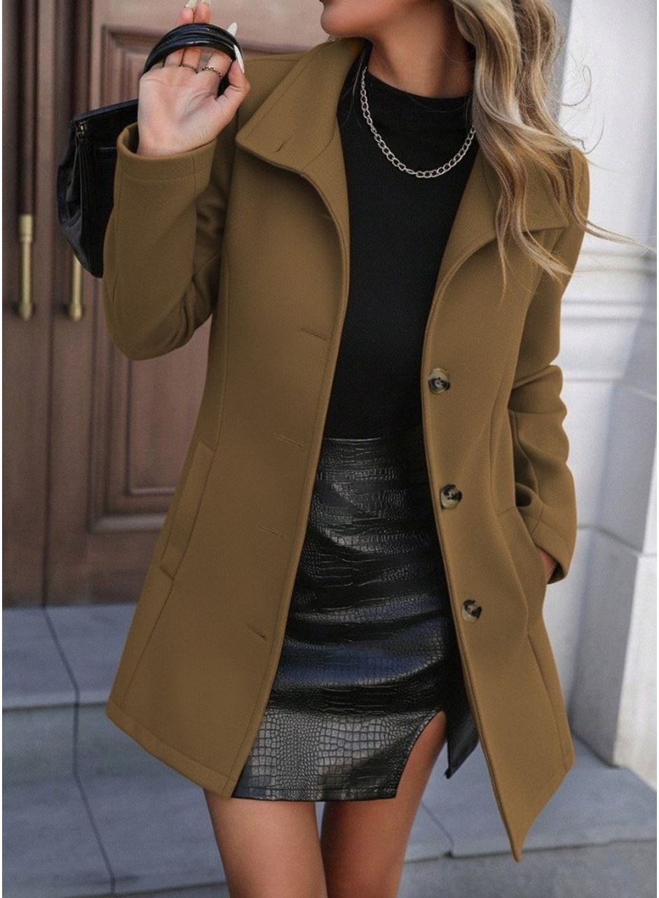 Kadın Uzun Kollu Yakalı önden Düğmeli Astarsız Ithal Kaşe Kahve Kaban