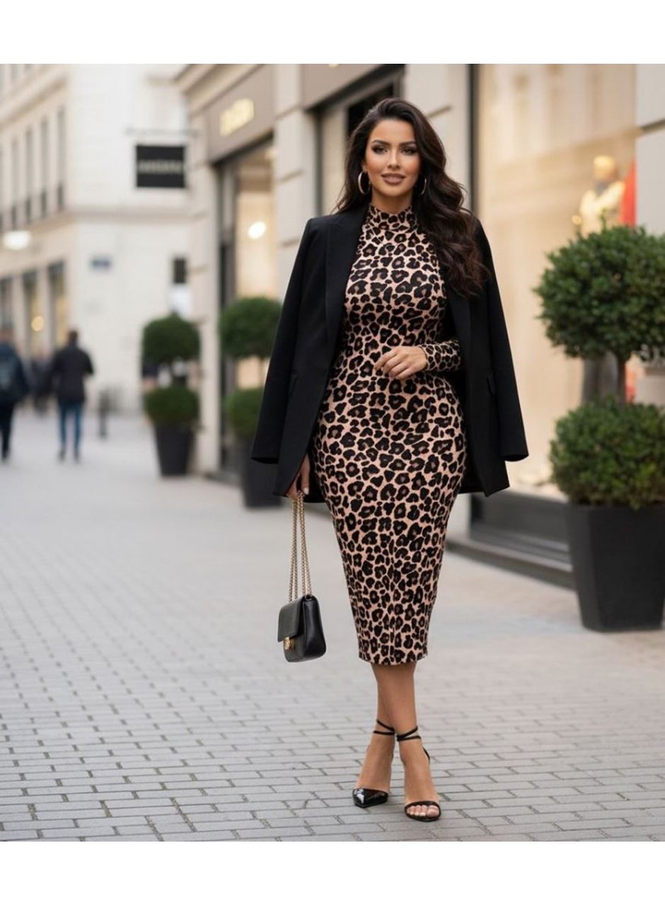 Kadın Uzun Kollu Balıkçı Yaka Leopar Desenli Midi Boy Elbise