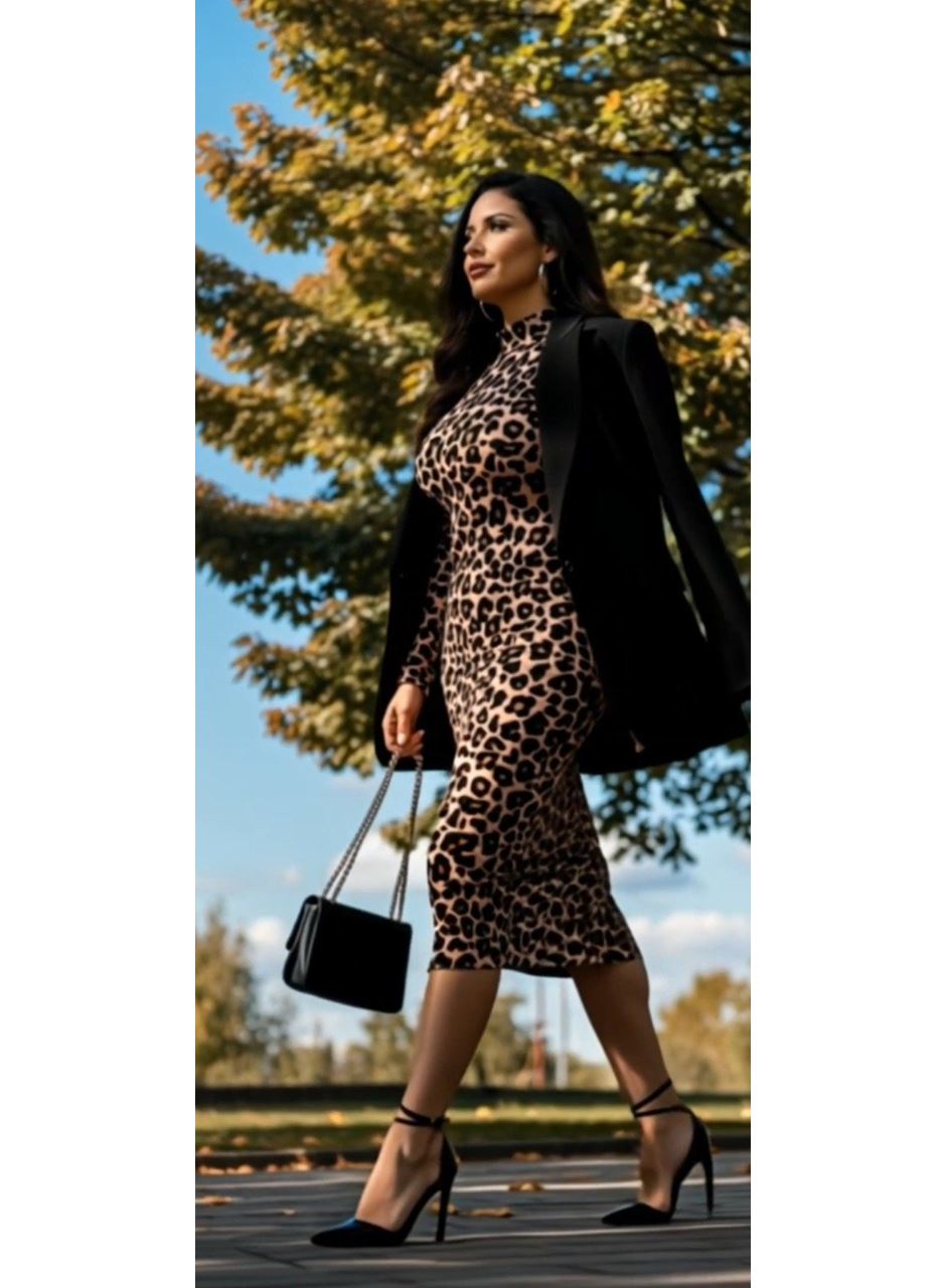 Kadın Uzun Kollu Balıkçı Yaka Leopar Desenli Midi Boy Elbise