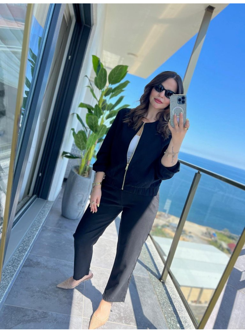 Kadın Uzun Kollu önden Fermuarlı Modal Ceket Ve Pantolon Ikili Takım