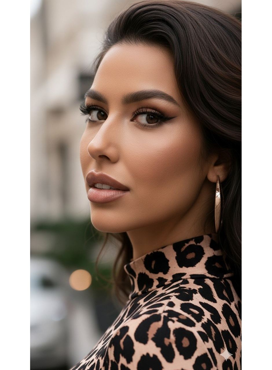 Kadın Uzun Kollu Balıkçı Yaka Leopar Desenli Midi Boy Elbise