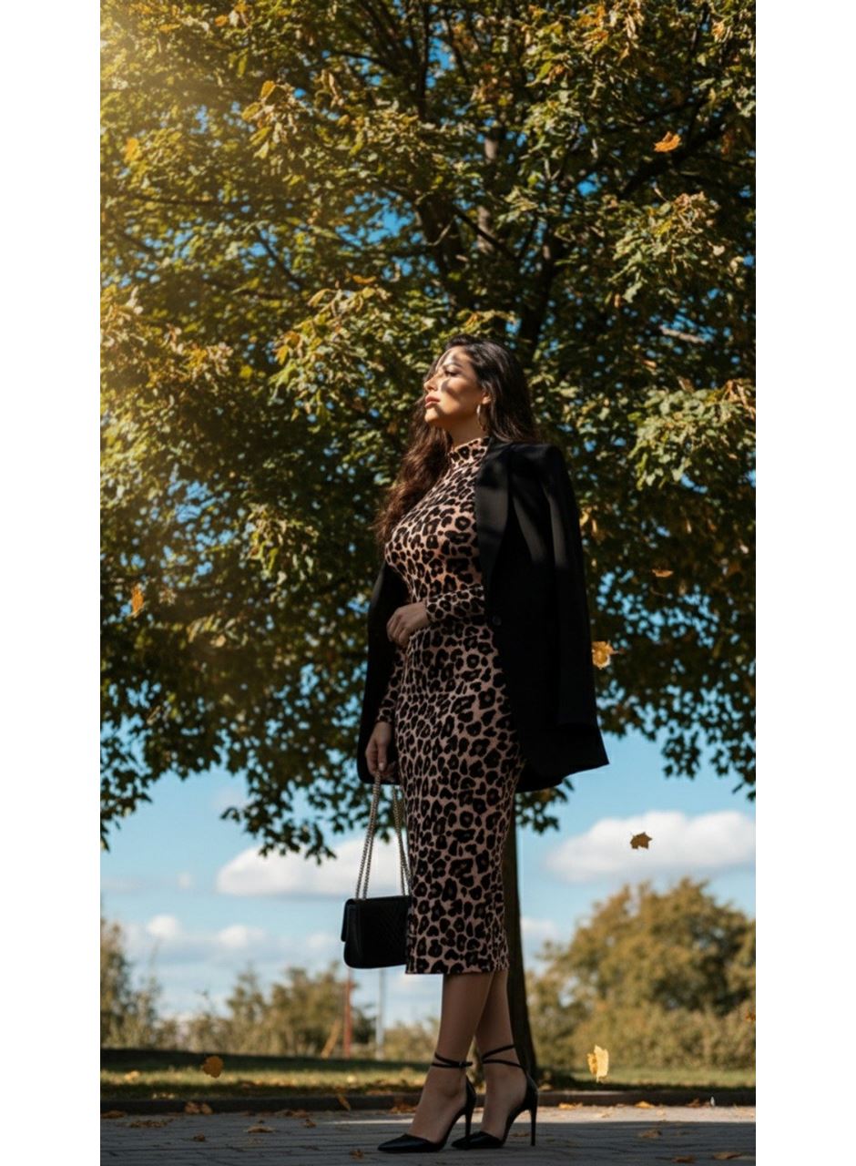 Kadın Uzun Kollu Balıkçı Yaka Leopar Desenli Midi Boy Elbise