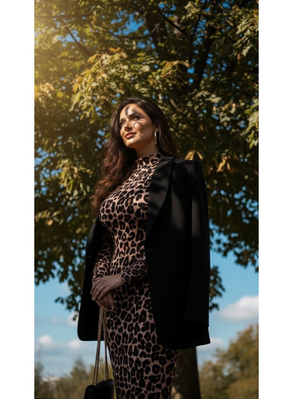 Kadın Uzun Kollu Balıkçı Yaka Leopar Desenli Midi Boy Elbise