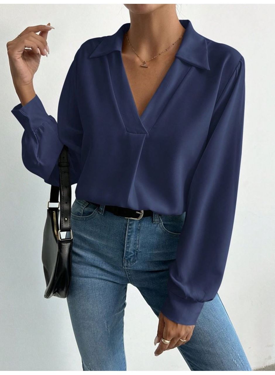 Kadın V Yaka Uzun Kollu Mosskrep Kumaş Bluz