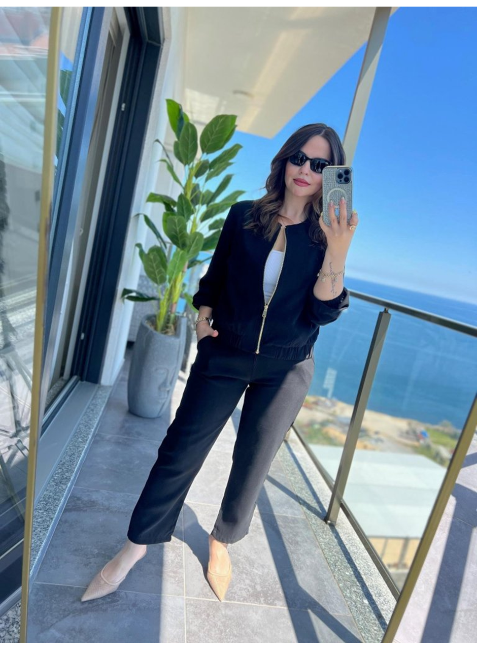 Kadın Uzun Kollu önden Fermuarlı Modal Ceket Ve Pantolon Ikili Takım