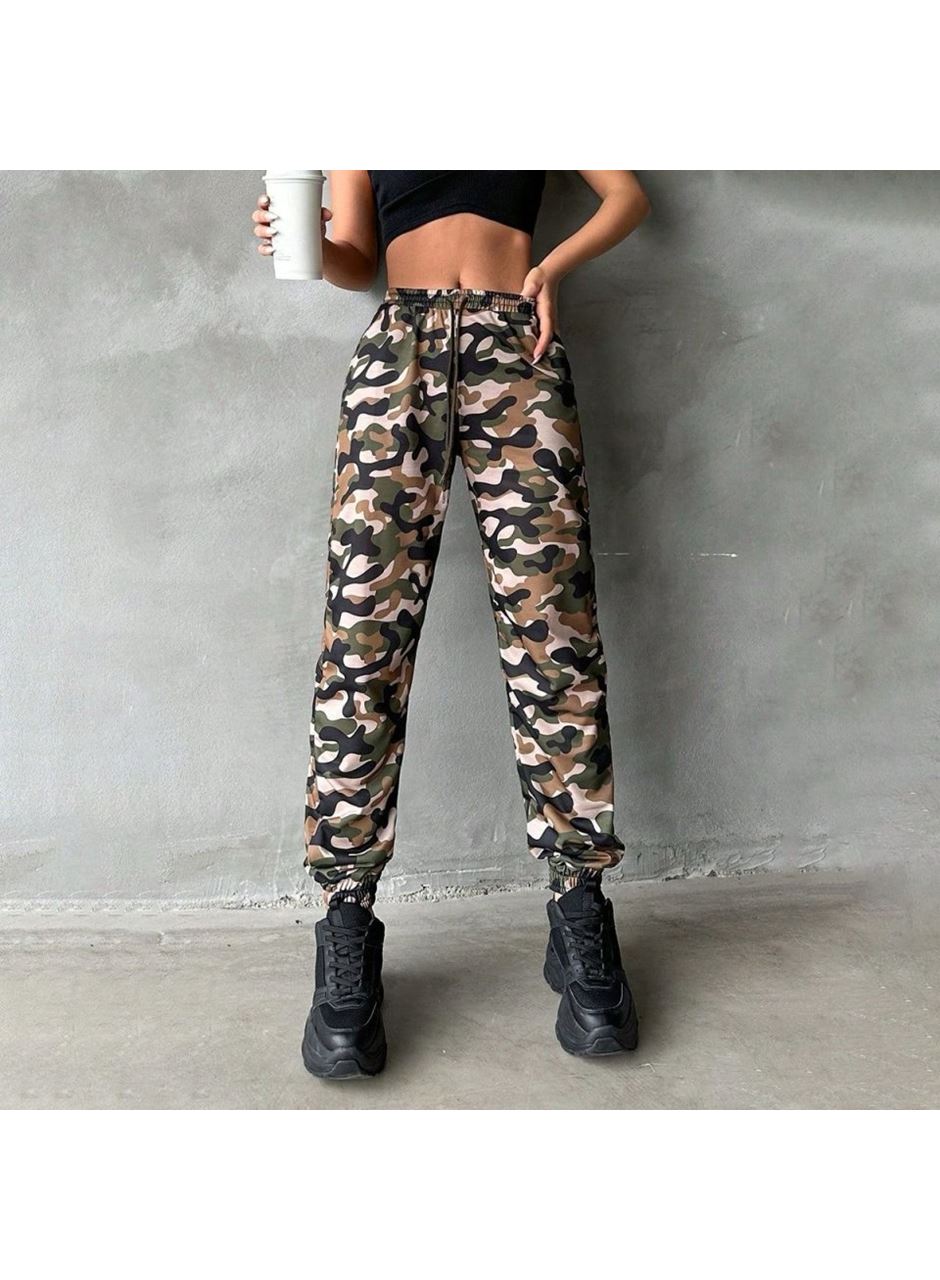 Kadın Yüksek Bel Kamuflaj Baskılı Bileği Lastik Detay İki İplik Pantolon