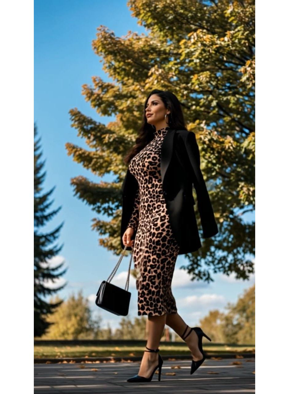 Kadın Uzun Kollu Balıkçı Yaka Leopar Desenli Midi Boy Elbise