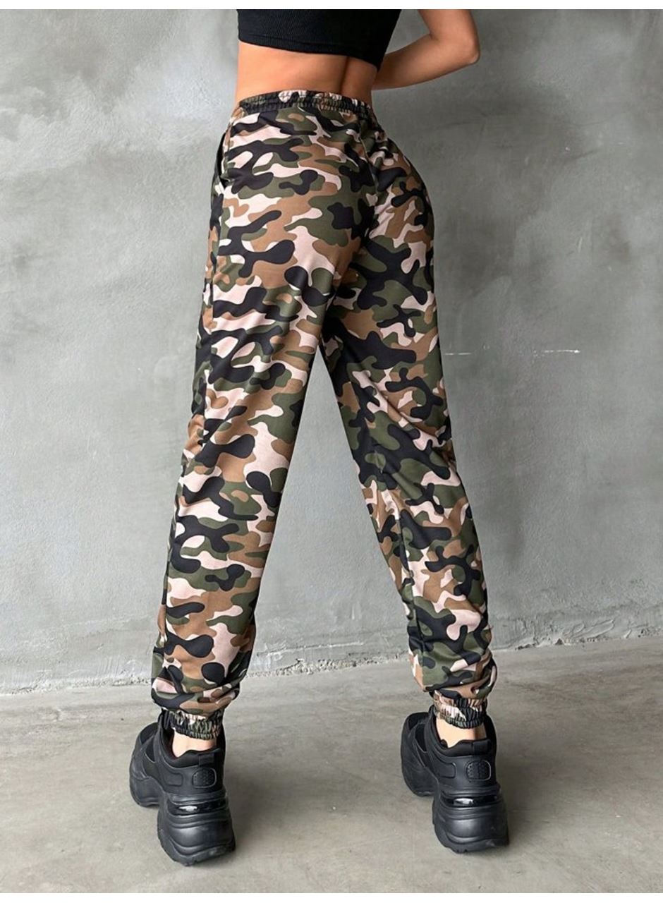 Kadın Yüksek Bel Kamuflaj Baskılı Bileği Lastik Detay İki İplik Pantolon