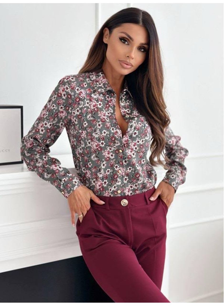 Kadın Uzun Kol Cep Detay çiçek Baskılı Mosskrep Kumaş Gömlek