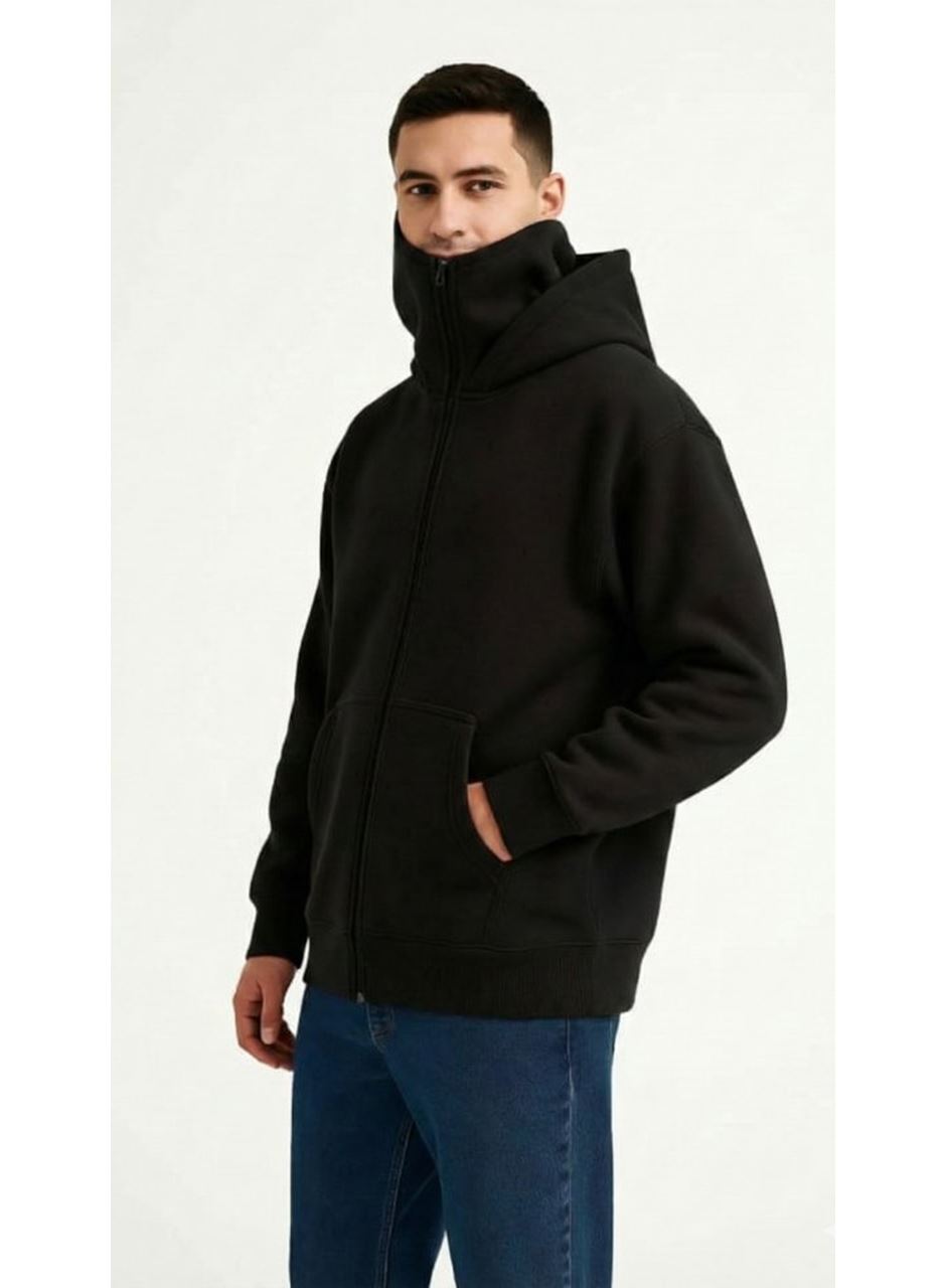 Samuray Ninja Çift Kapüşonlu ZIP Fermuarlı Kanguru Cepli Tam Fermuarlı Hoodie Sweatshirt - Siyah