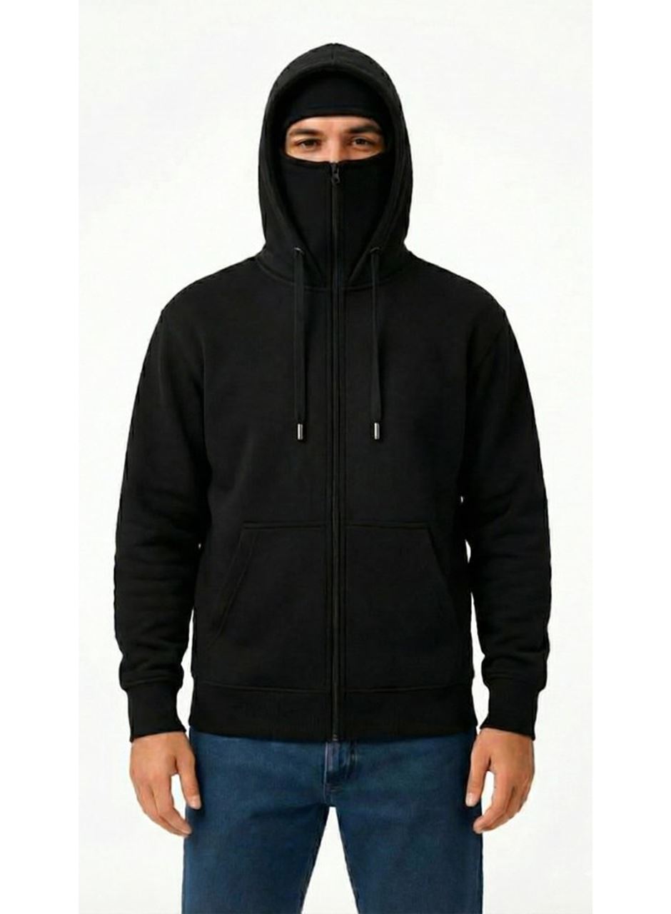 Samuray Ninja Çift Kapüşonlu ZIP Fermuarlı Kanguru Cepli Tam Fermuarlı Hoodie Sweatshirt - Siyah
