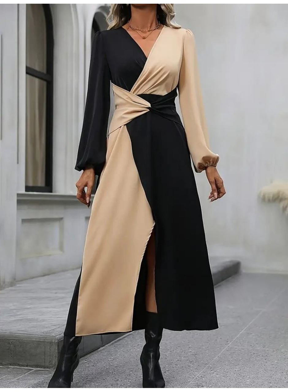 Kadın Uzun Kollu Kruvaze Yakalı Belden çapraz Detaylı çift Renkli Midi Ithal Krep Elbise