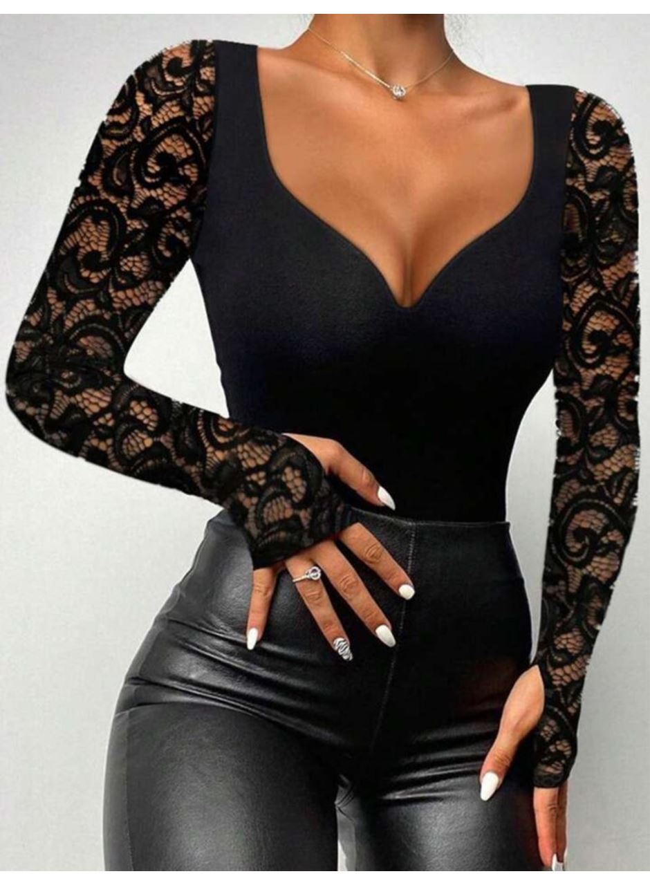Kadın Uzun Kollu Dantelli Dekolte Detaylı Dalgıç Bluz