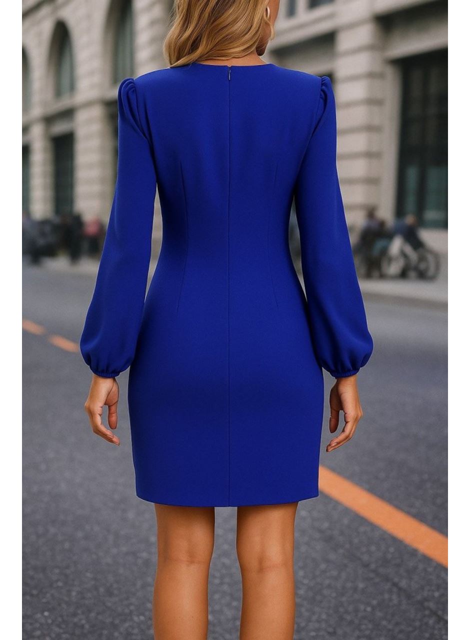 Kadın Uzun Kollu Kruvaze Yakalı Yanlardan Büzgü Detaylı Ithal Krep Kısa Elbise