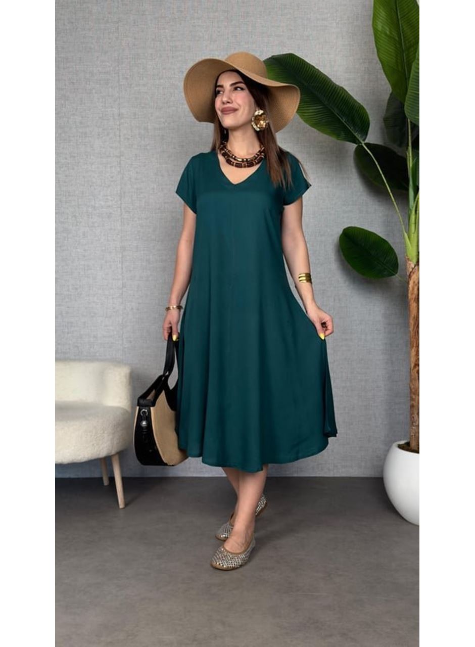 Kadın Kısa Kollu V Yaka Salaş Maxi Boy Elbise