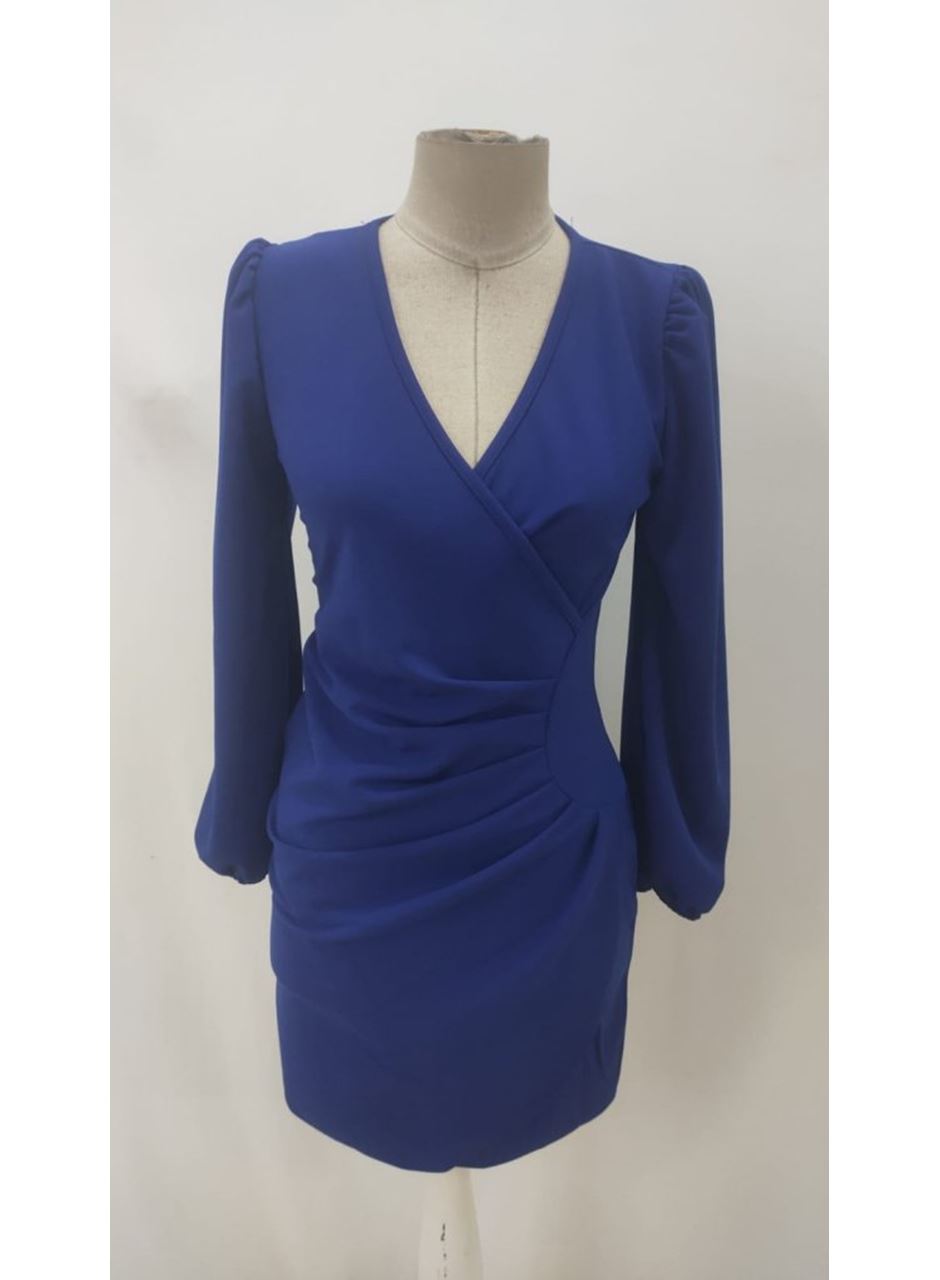 Kadın Uzun Kollu Kruvaze Yakalı Yanlardan Büzgü Detaylı Ithal Krep Kısa Elbise