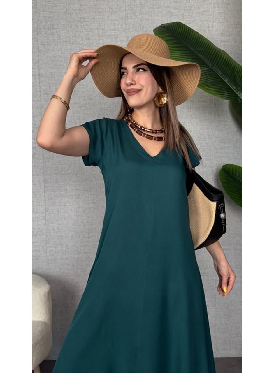Kadın Kısa Kollu V Yaka Salaş Maxi Boy Elbise