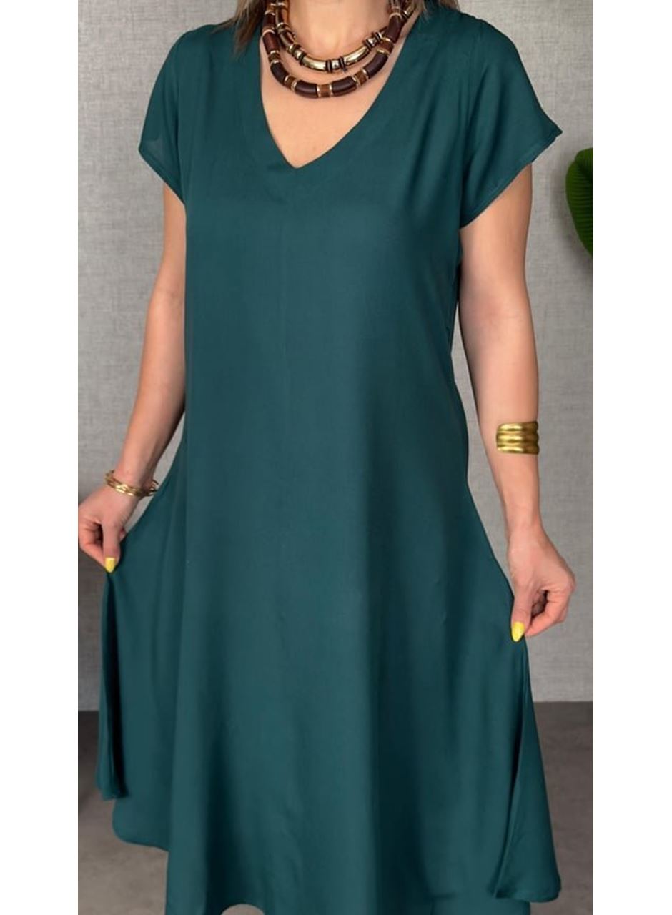 Kadın Kısa Kollu V Yaka Salaş Maxi Boy Elbise