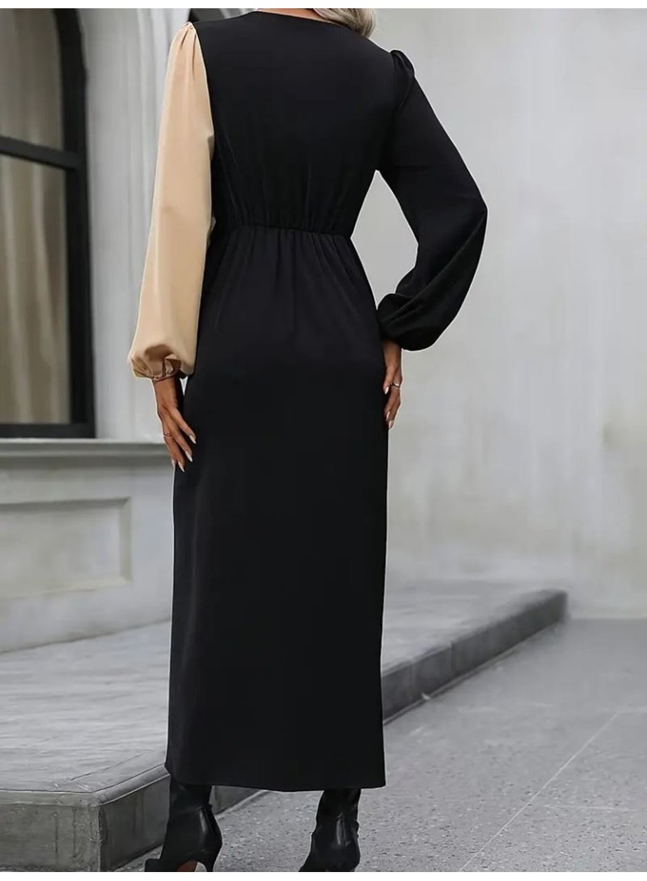 Kadın Uzun Kollu Kruvaze Yakalı Belden çapraz Detaylı çift Renkli Midi Ithal Krep Elbise