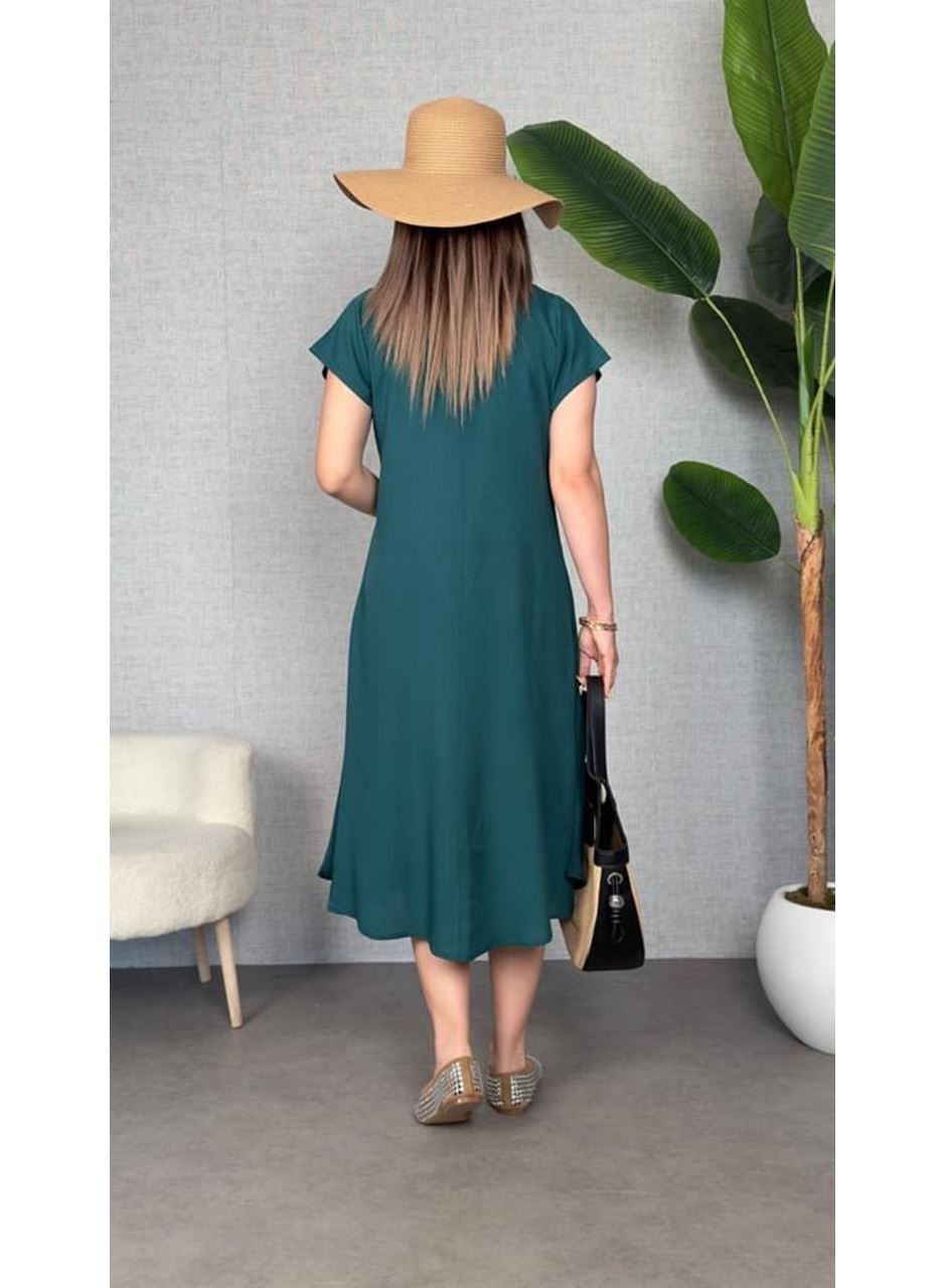 Kadın Kısa Kollu V Yaka Salaş Maxi Boy Elbise