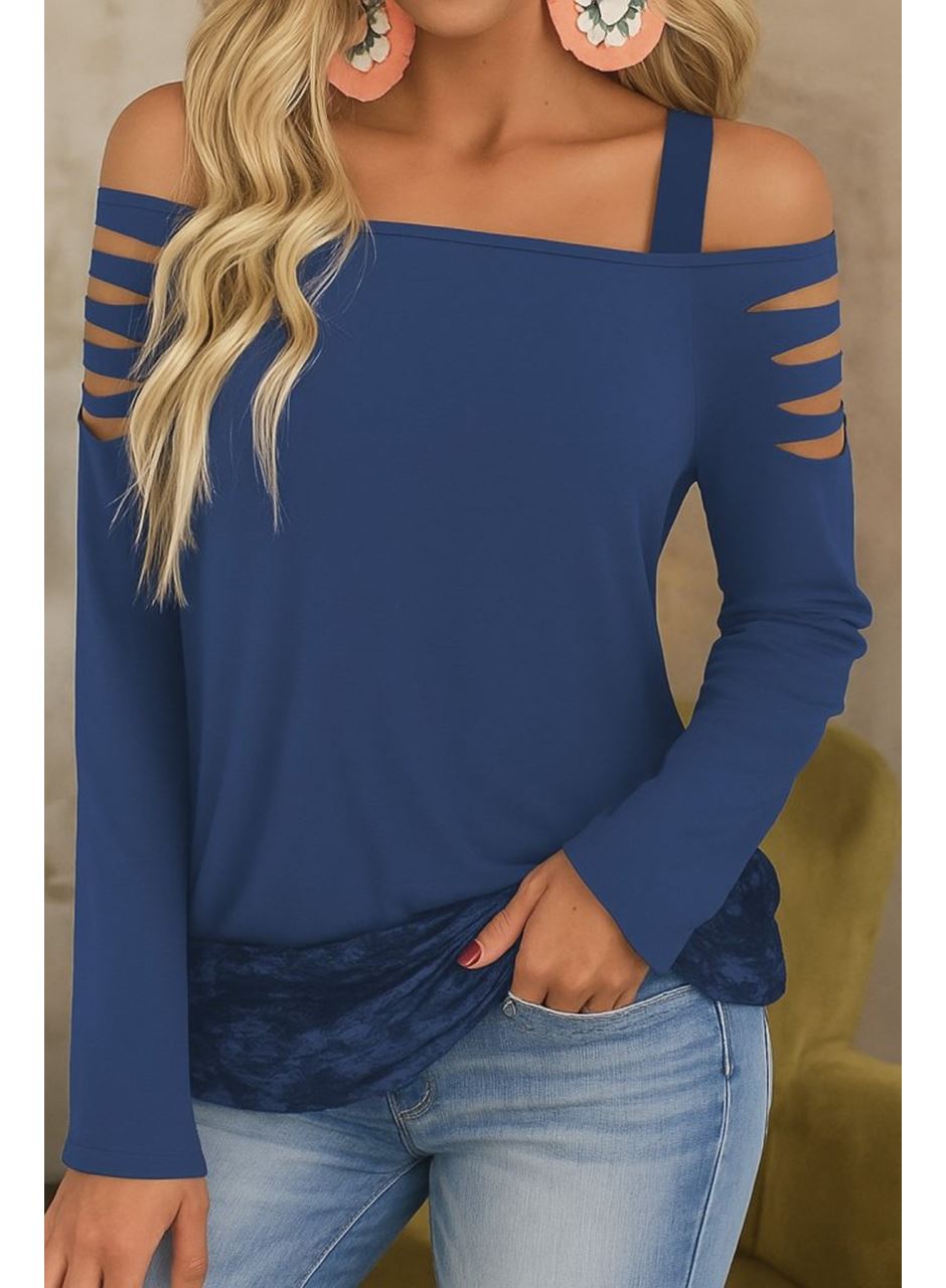 Kadın Uzun Lazer Kesik Detaylı Askılı Viskon Iki Iplik Bluz