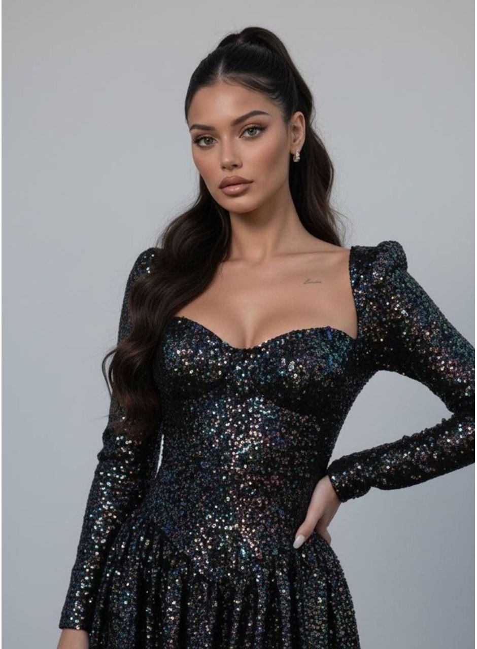 Kadın Uzun Kollu Armut Yaka Pul Payet Işlemeli Mini Gece Elbisesi