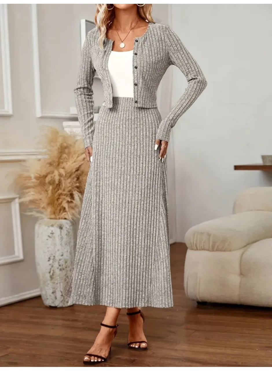 Kadın Uzun Kollu önden Düğmeli Bluz Ve Yüksek Bel A Kesim Uzun Etek şardonlu Kaşkorse Ikili Takım