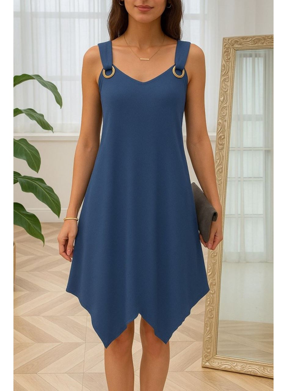 Kadın Askılı Yuvarlak Yaka Kuş Gözü Detaylı Asimetrik Viskon Elbise