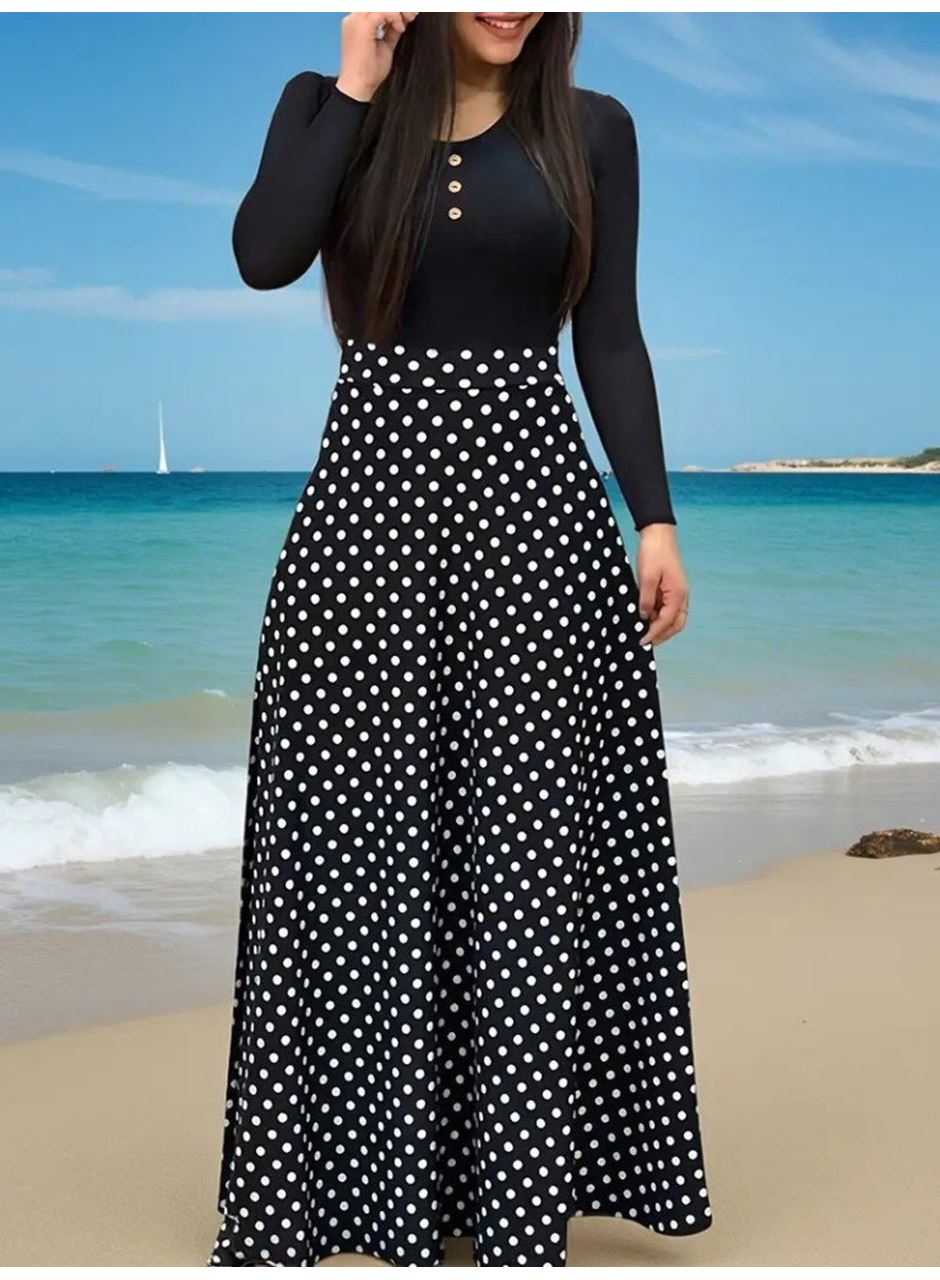 Kadın Uzun Kollu önü Düğmeli Viskon Bluz Eteği örme Maxi Krep Elbise