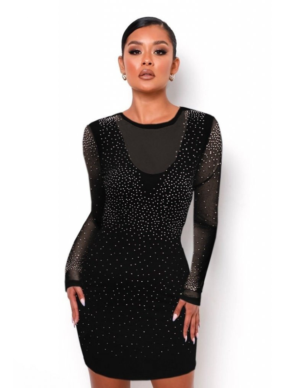 Kadın Uzun Kollu Yuvarlak Yaka Dekolteli Taşlı Dalgıç Elbise