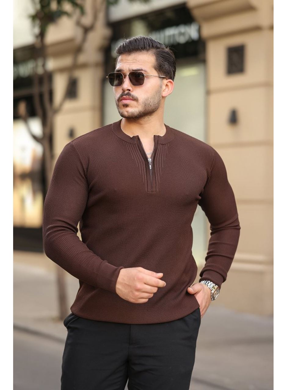 Erkek Fermuarlı Bisiklet Yaka Dokulu Uzun Kollu Triko