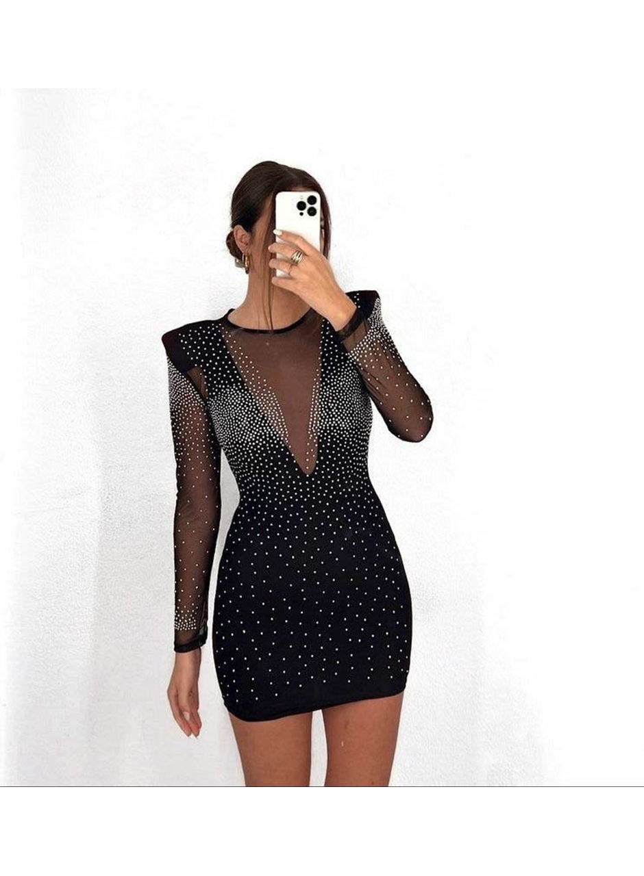 Kadın Uzun Kollu Yuvarlak Yaka Dekolteli Taşlı Dalgıç Elbise