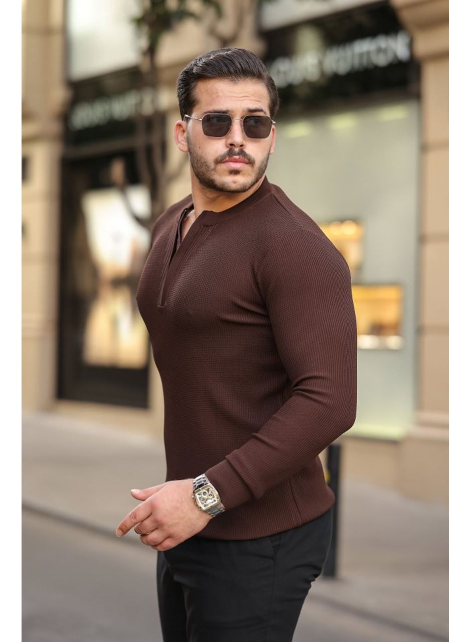 Erkek Fermuarlı Bisiklet Yaka Dokulu Uzun Kollu Triko