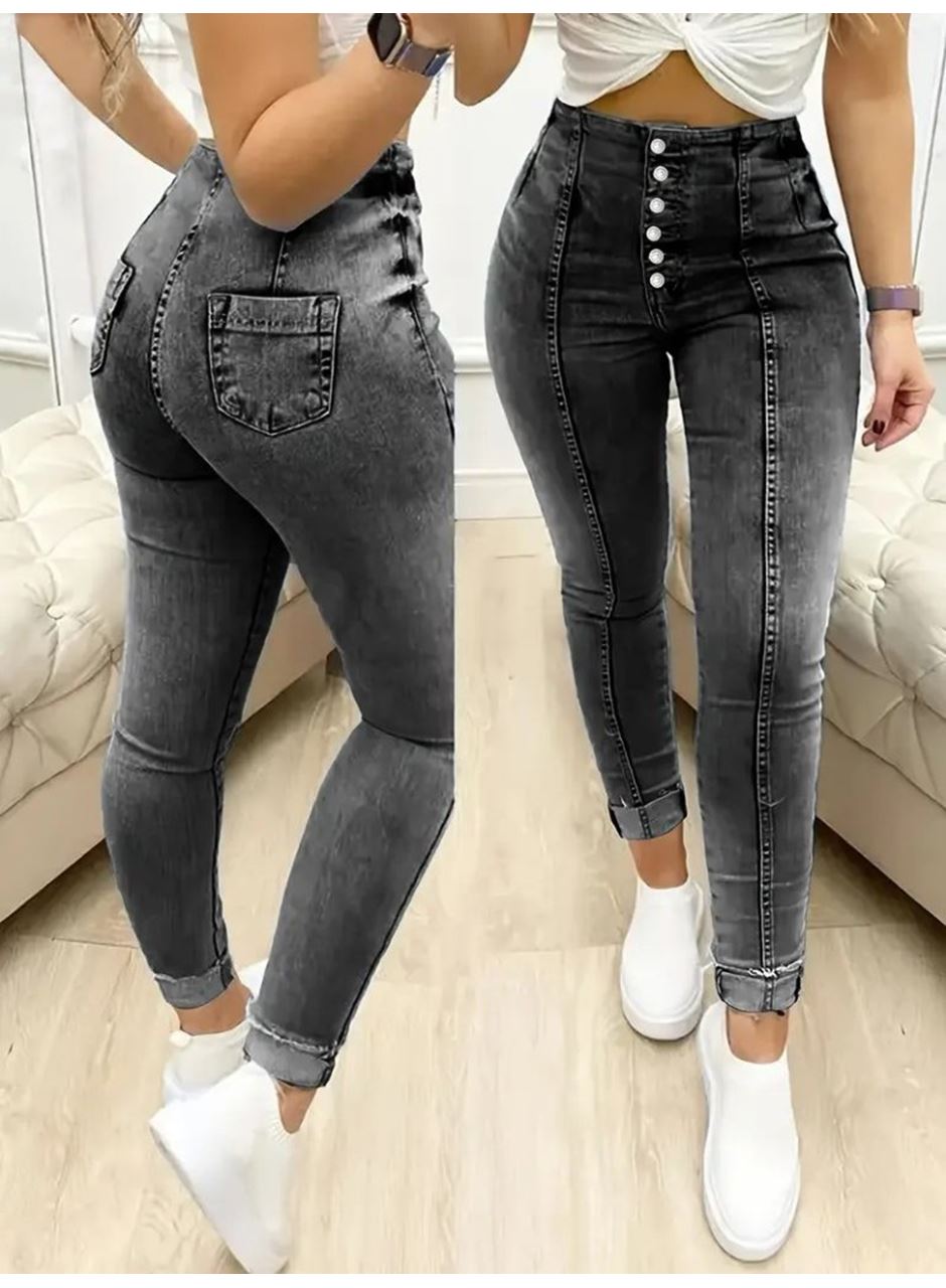 Kadın Yüksek Bel önden Düğmeli Jean Pantolon