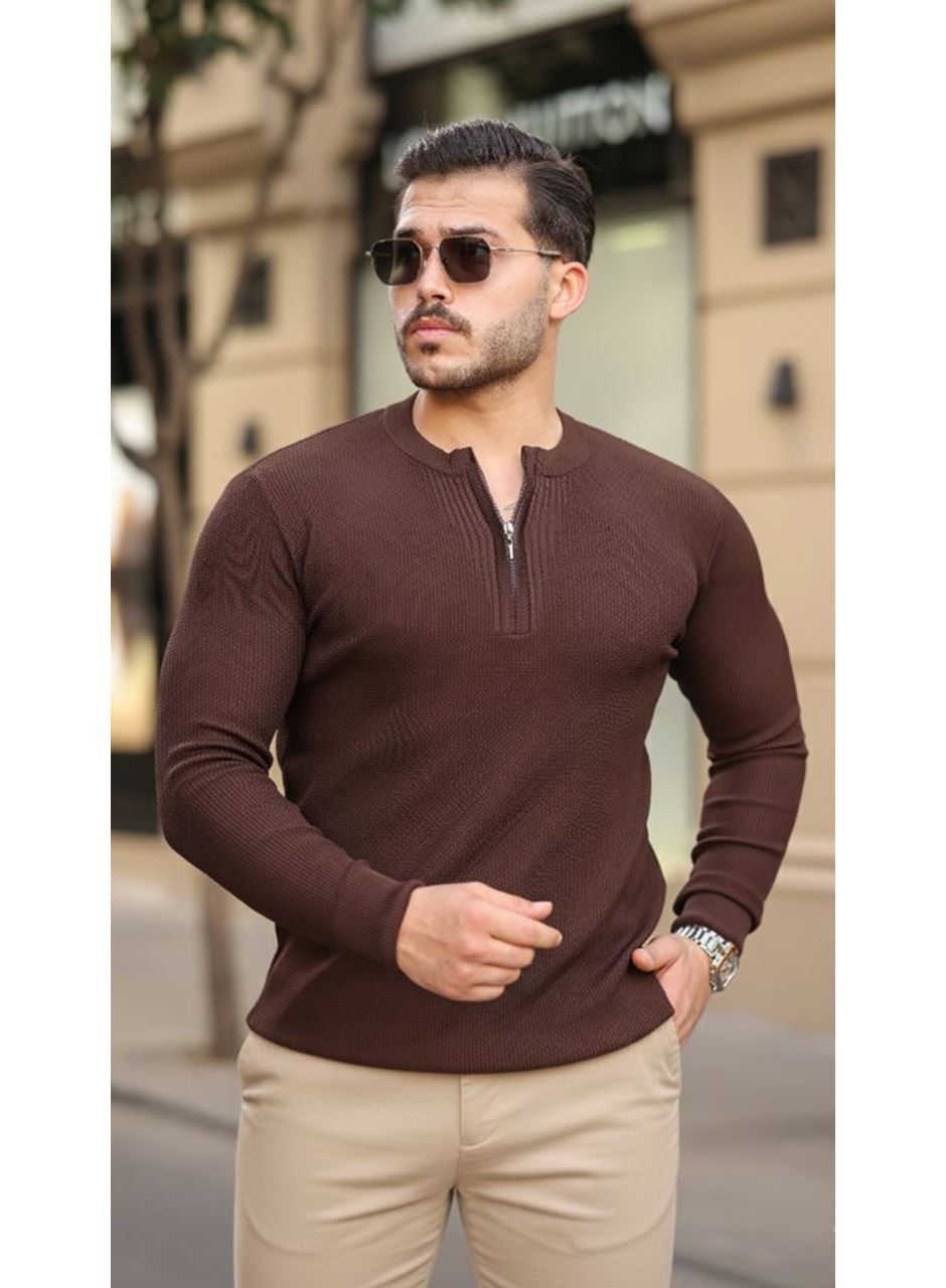 Erkek Fermuarlı Bisiklet Yaka Dokulu Uzun Kollu Triko