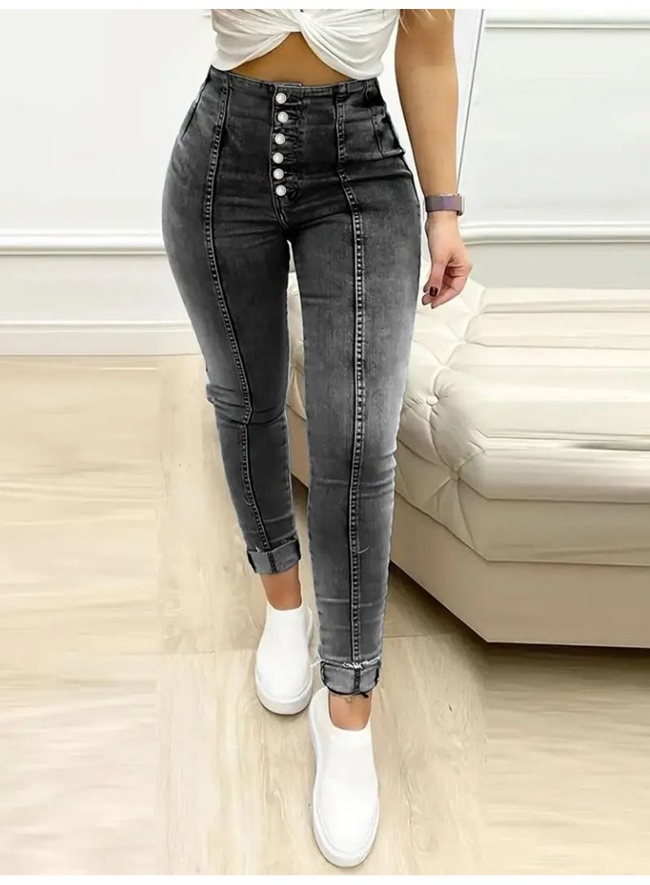 Kadın Yüksek Bel önden Düğmeli Jean Pantolon