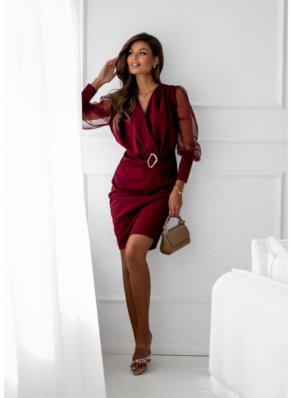 Kadın Uzun Kollu Kruvaze Yakalı Belden Kemerli Mini Ithal Krep Elbise