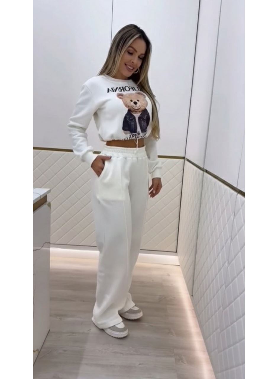 Kadın Uzun Kollu Bisiklet Yaka Desenli Iki Iplik şardonlu Bluz Ve Pantolon Ikili Takım