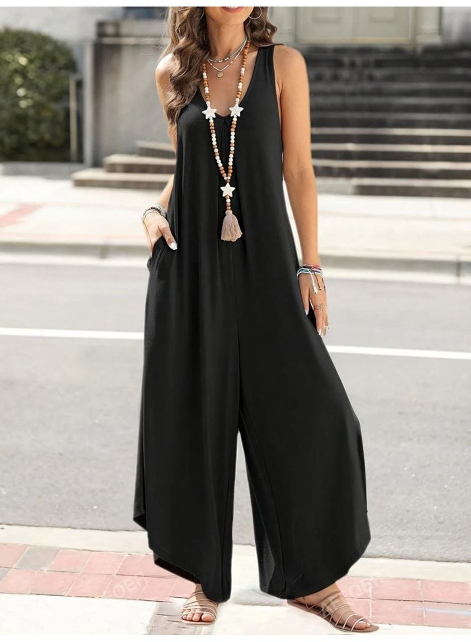 Kadın Askılı Yuvarlak Yaka Cepli Salaş Uzun Viskon Tulum