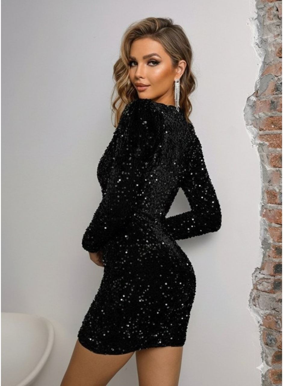 Kadın Uzun Kollu Derin V Yakalı Mini Pulpayet Elbise