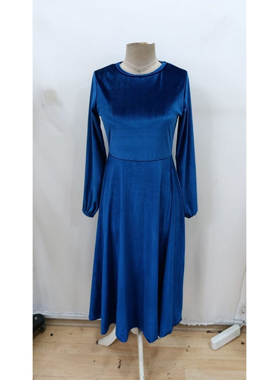 Kadın Uzun Kollu Bisiklet Yaka Midi Kadife Mavi Elbise