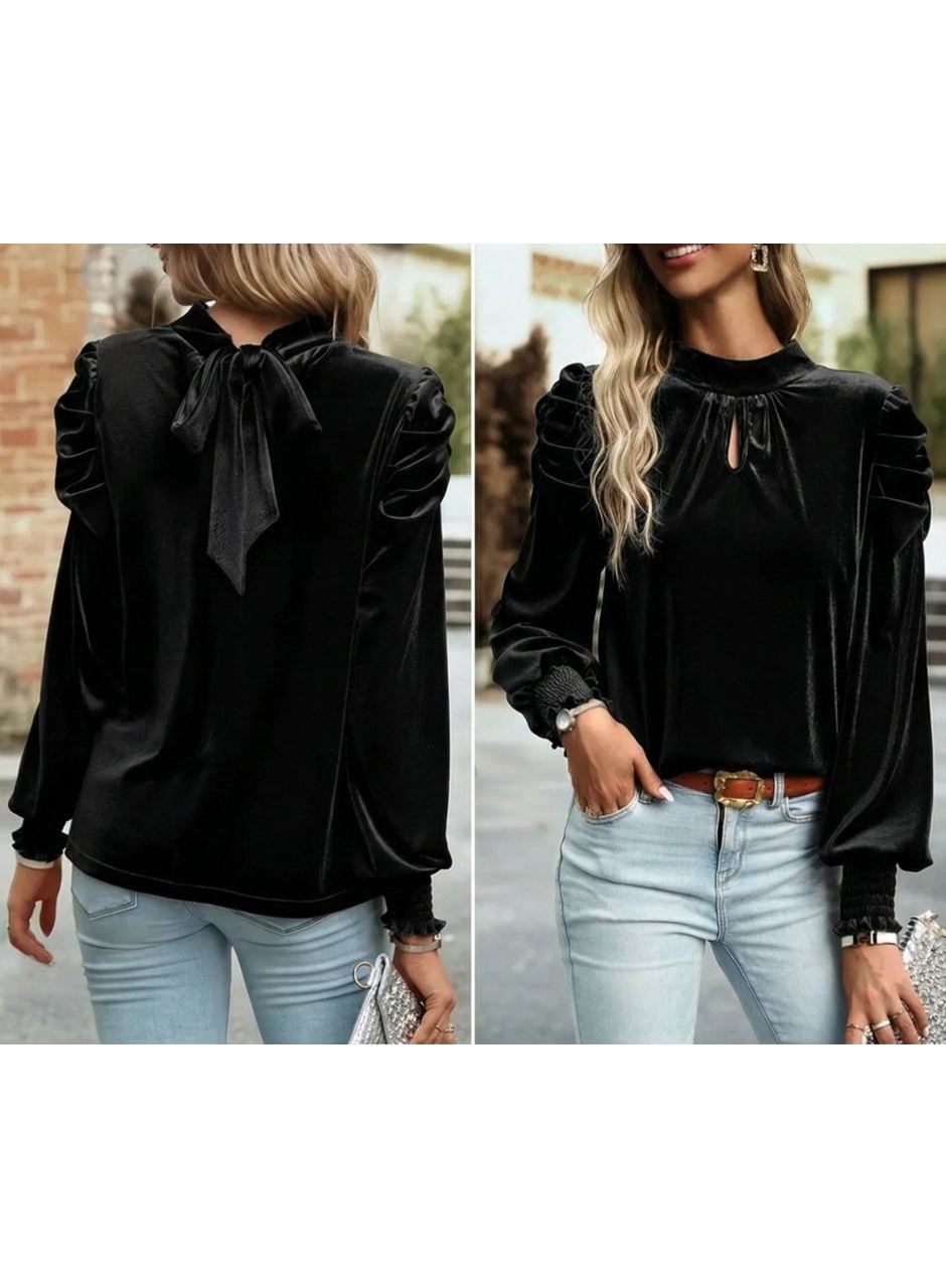 Kadın Uzun Kollu Balıkçı Yaka Damla Detaylı Kadife Bluz