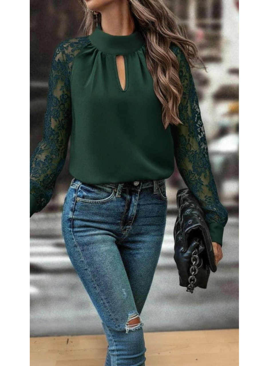 Kadın Uzun Kollu Göğüs Pencere Detay Yaka Boğazlı Kolları Tüllü Sandy Bluz