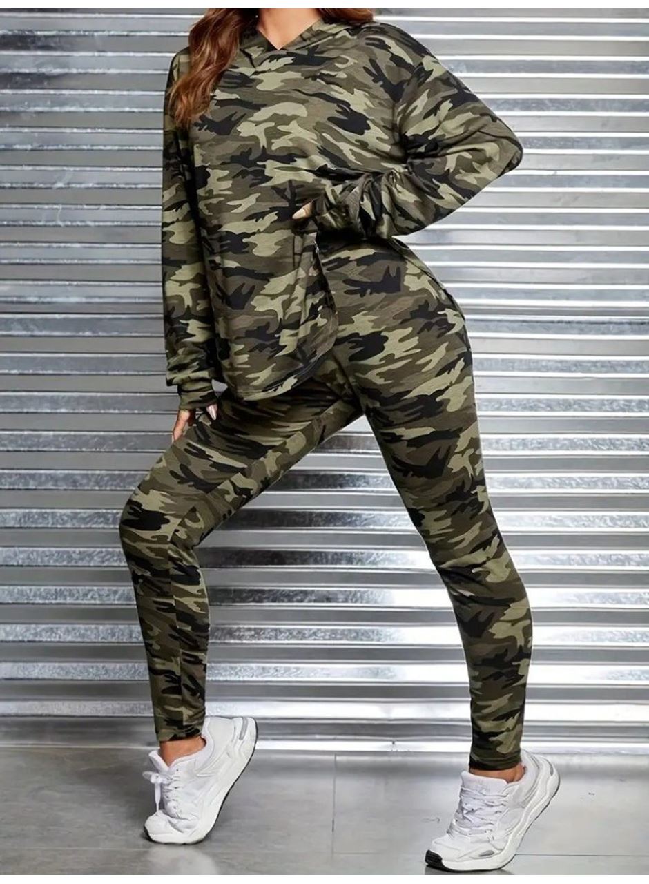 Kadın Uzun Kollu Kapşonlu Kamuflaj Desenli Bluz Ve Pantolon Tayt Ikili Takım