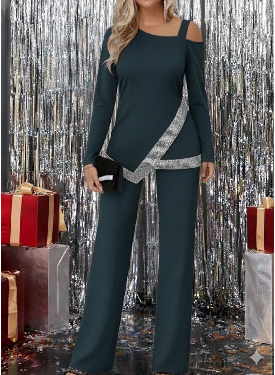 Kadın Tek Omuzdan Açık Uzun Kollu önü Pulpayet Ithal Krep Bluz Ve Pantolon